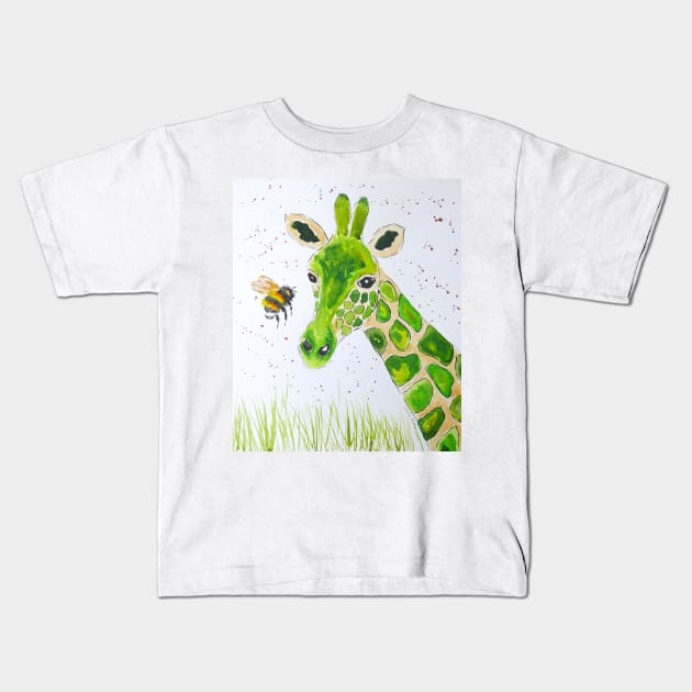 Cute Green Giraffe and a Bumble bee Kids T-Shirt by Casimirasquirkyart